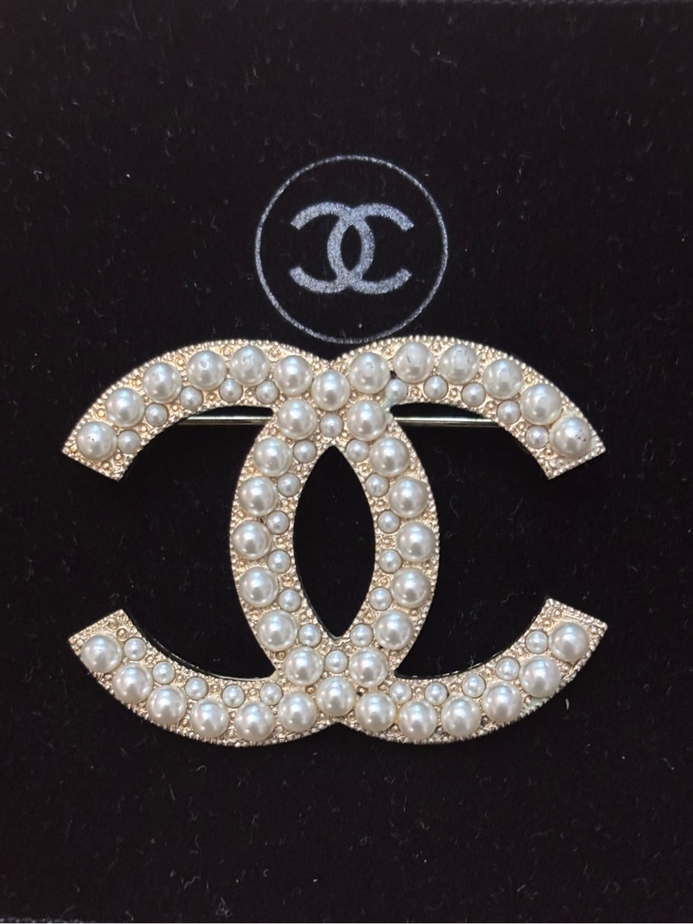 CHANEL Pearl-Embellished Double C Brooch - Gold and White w/COA